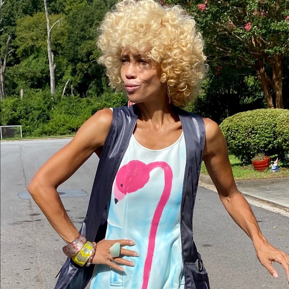 OOAK handpainted flamingo neoprene dress fit flare - Picture 5 of 10